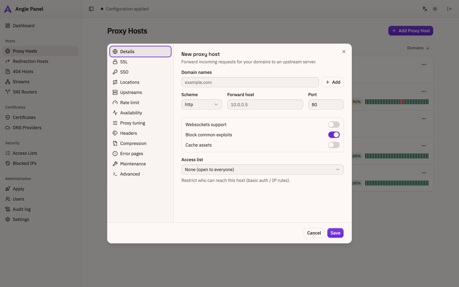 Host editor dialog with thirteen configuration sections