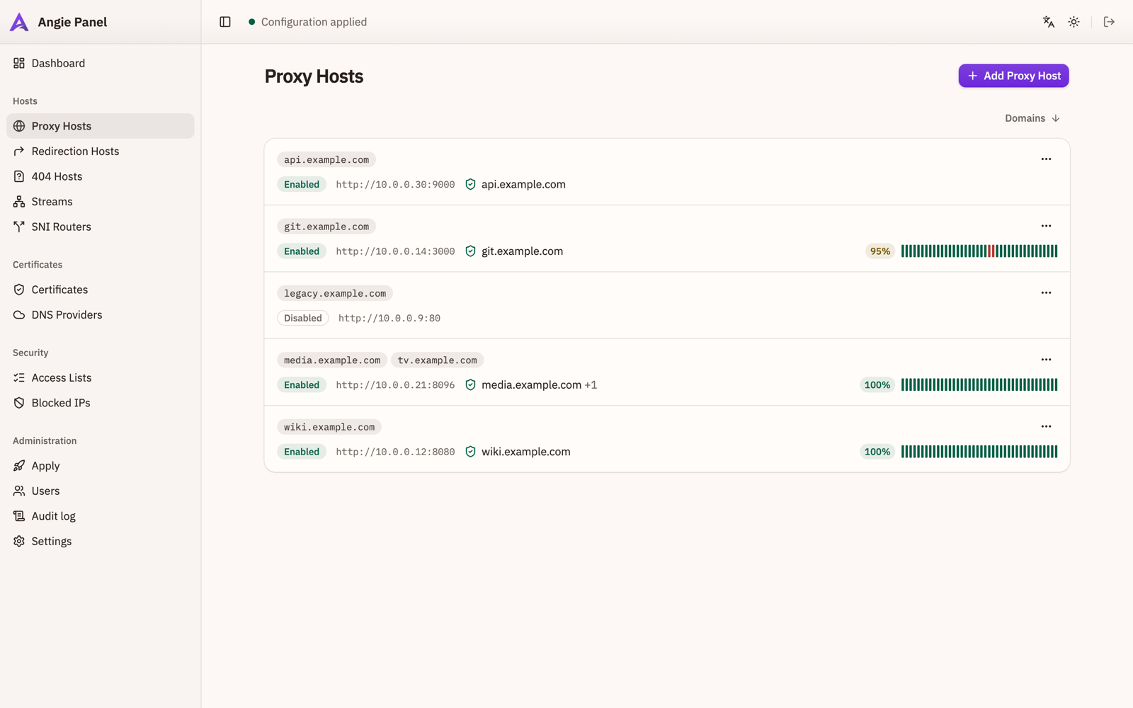 Proxy host list with live uptime bars per host