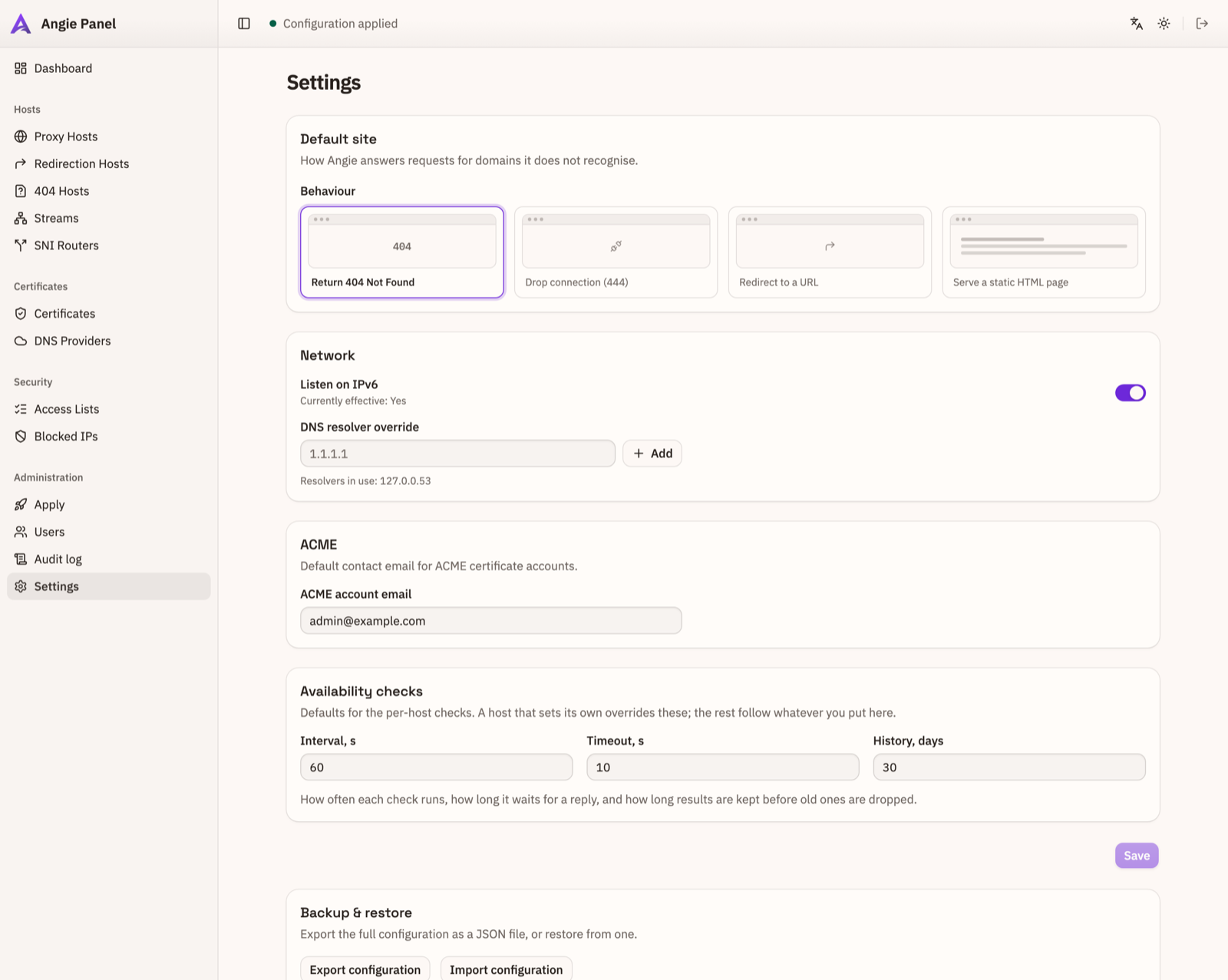 Settings page with defaults for the whole install